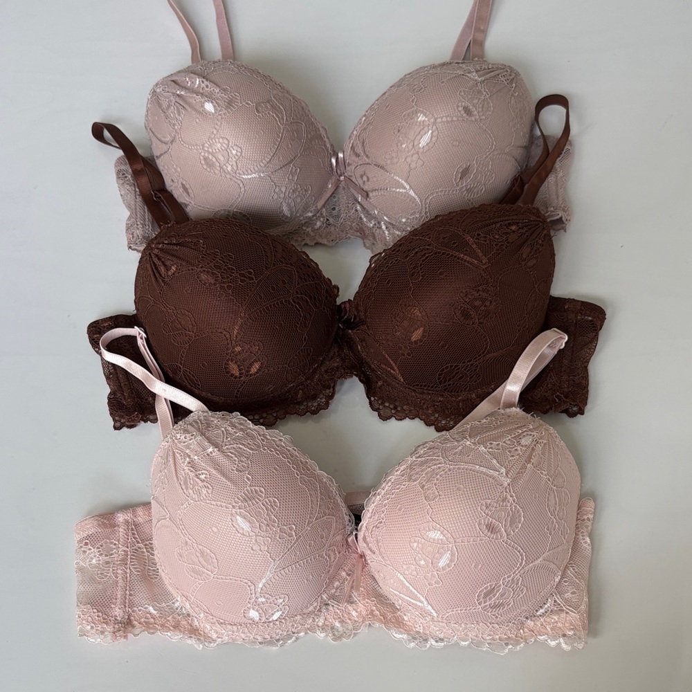 Set of 3 Elegant Lace Underwire Bra Set - Pink, brown and nude size 36 B